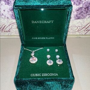 DANECRAFT Gift Set Fine Silver Necklace Cubic Zirconia 3 sets of Stud Earrings